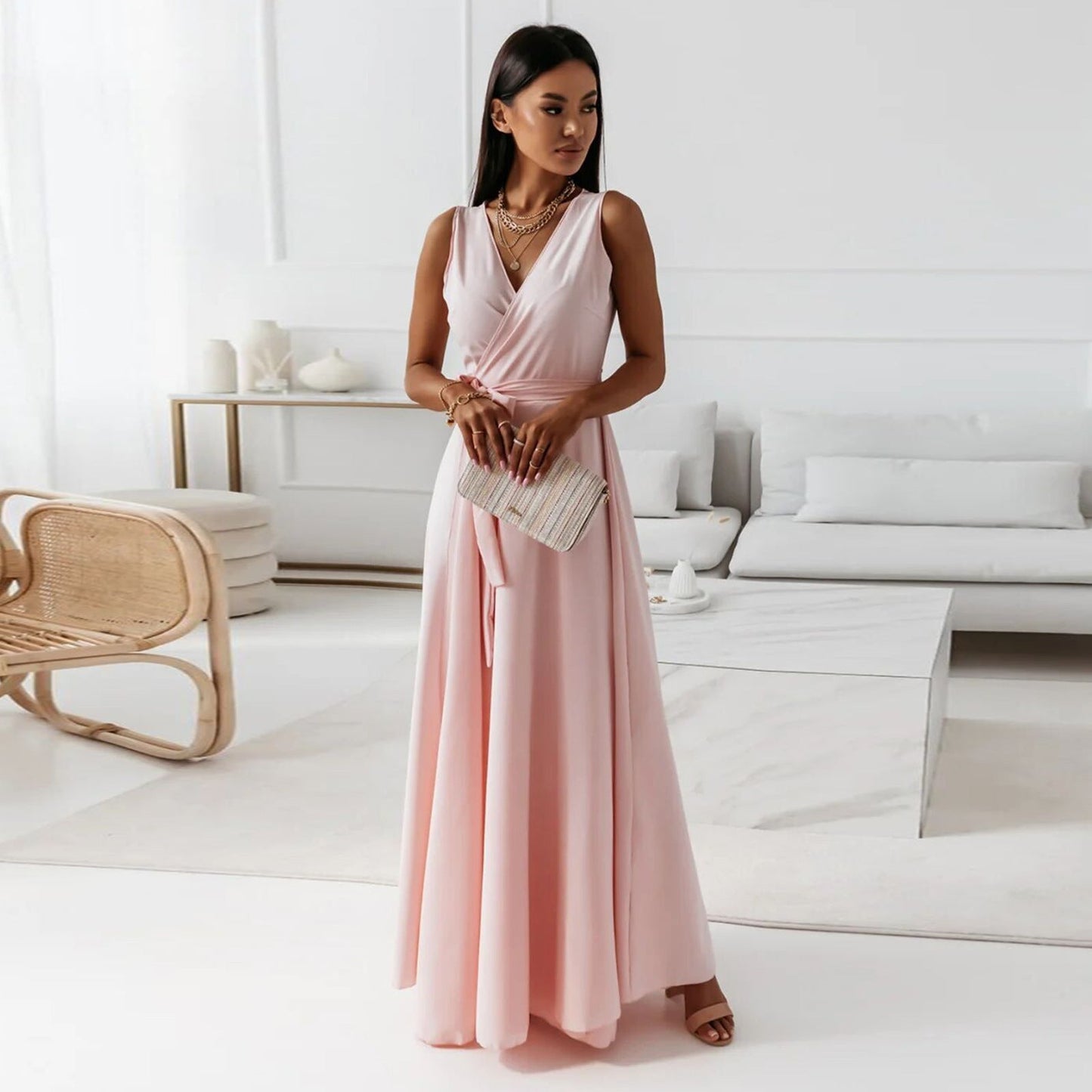 Gretchen - Robe longue femme unie décolleté en V