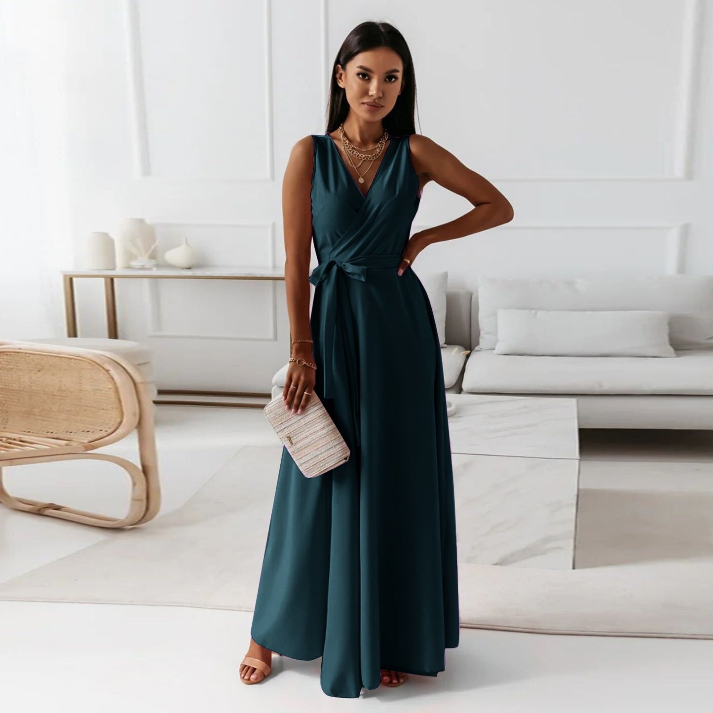 Gretchen - Robe longue femme unie décolleté en V