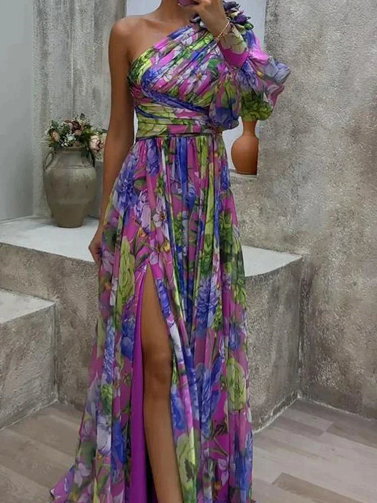 Lilac -  Violet côté imprimé Fente une manche Sexy Maxi Robe